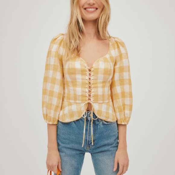 Reformation Tops - Reformation Barrett Linen Top In Dandelion Checker